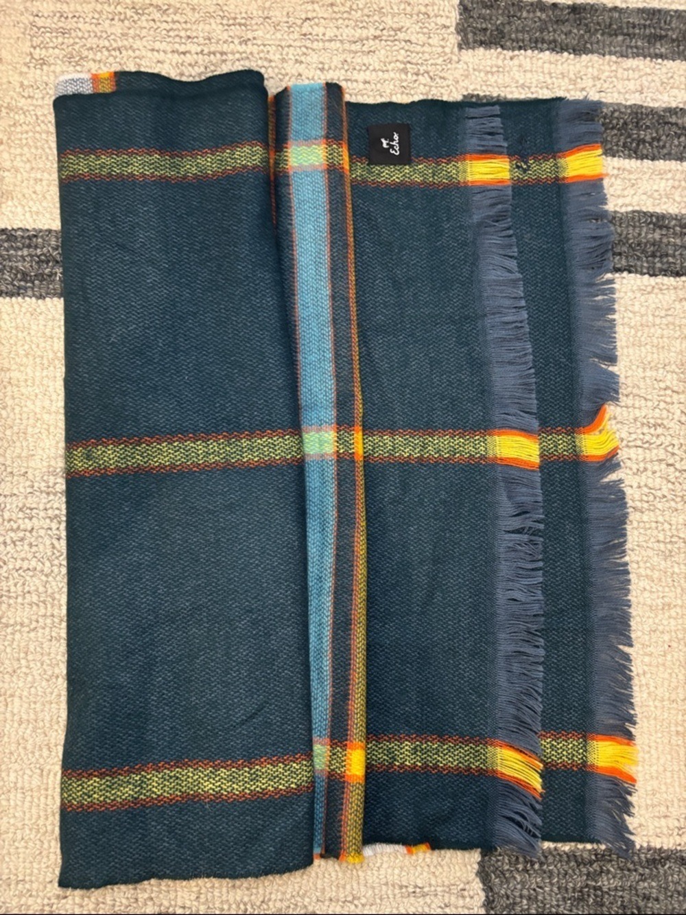 Echo Plaid Scarf Navy Yellow Tartan Fringe Wrap - Picture 3 of 12